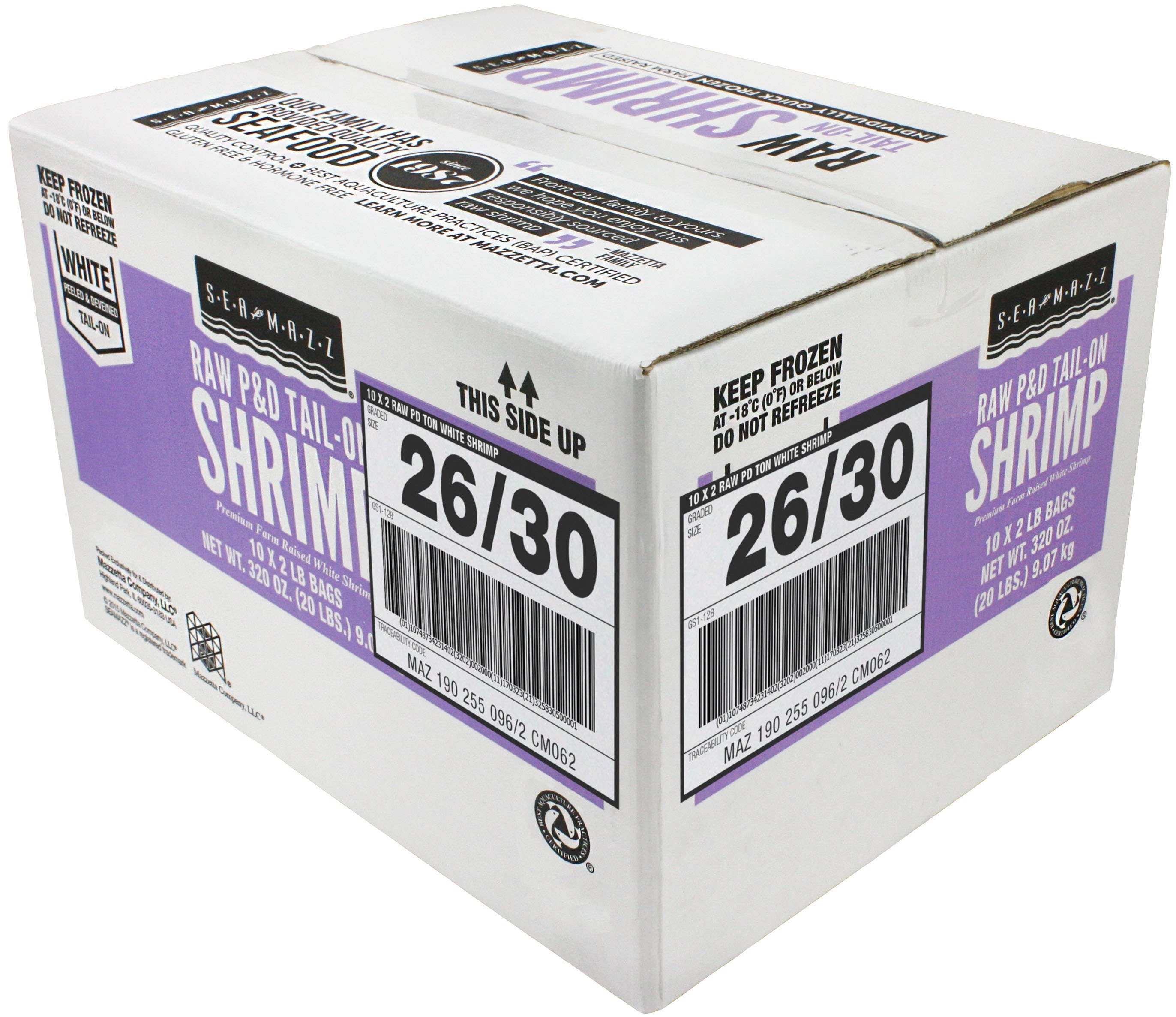 Seamazz 26/30 Peeled and Deveined Tail On Raw White Shrimp, 2 Pound -- 10 per case.