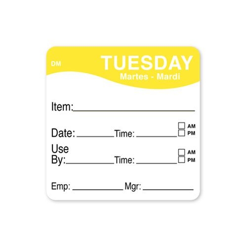 Daymark DissolveMark Day of the Week Label - Use By Tuesday, 2 x 2 inch -- 12 rolls per case.