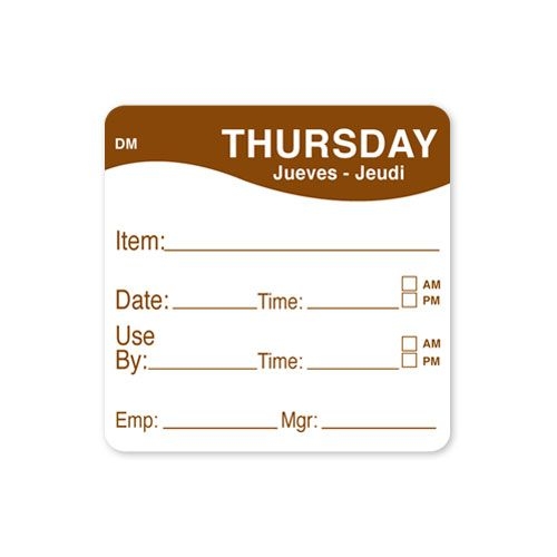 Daymark DissolveMark Day of the Week Label - Use By Thursday, 2 x 2 inch -- 12 rolls per case.