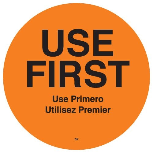 Daymark DuraMark Orange Use First Circle Food Label, 2 inch -- 12 rolls per case.