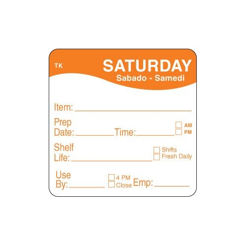 ToughMark Saturday 2 x 2 inch Day of the Week Labels, 500 count per roll -- 576 rolls per case.