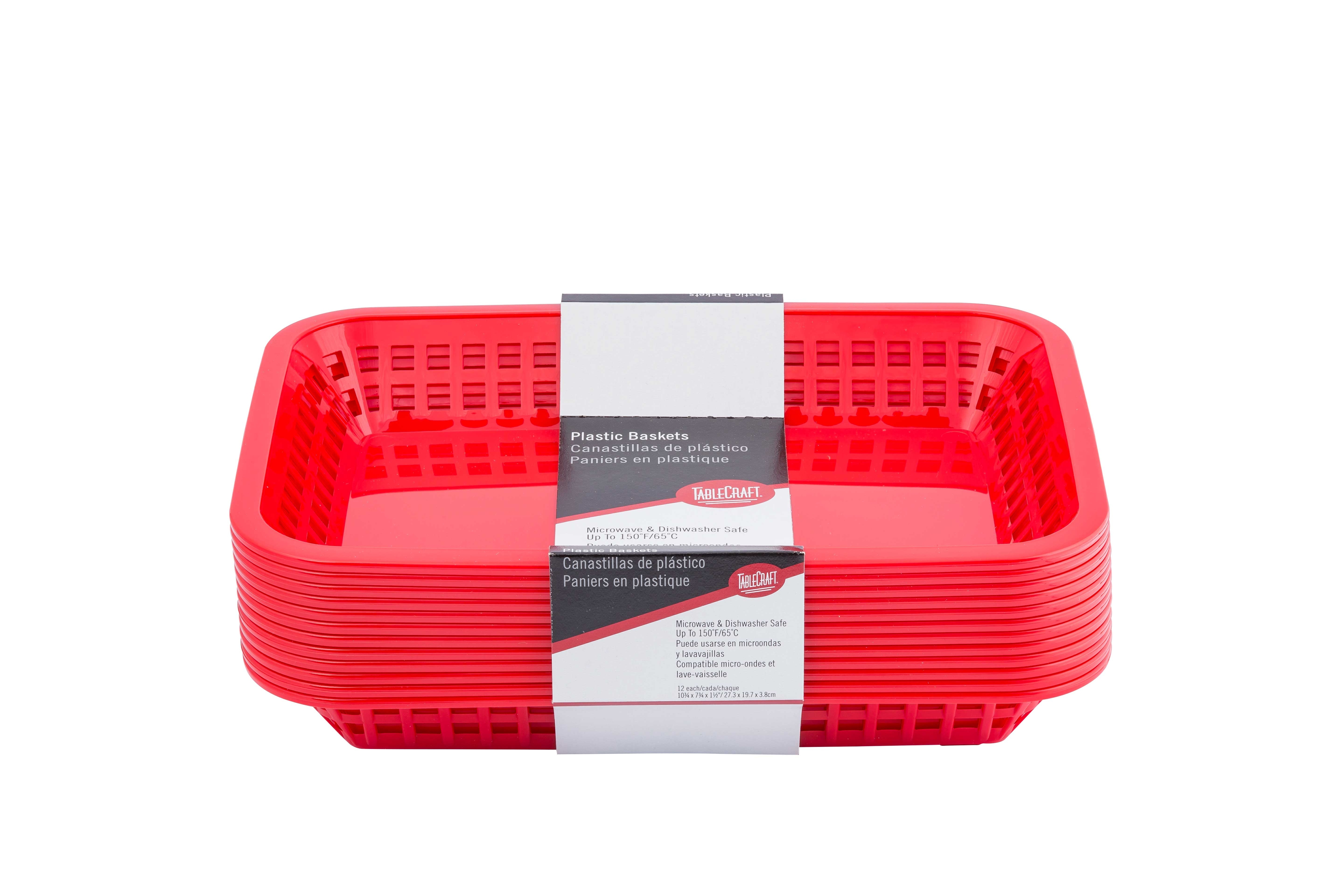 Tablecraft 10.75 inch Plastic Grande Rectangular Red Platter Basket, 12 count -- 3 per case