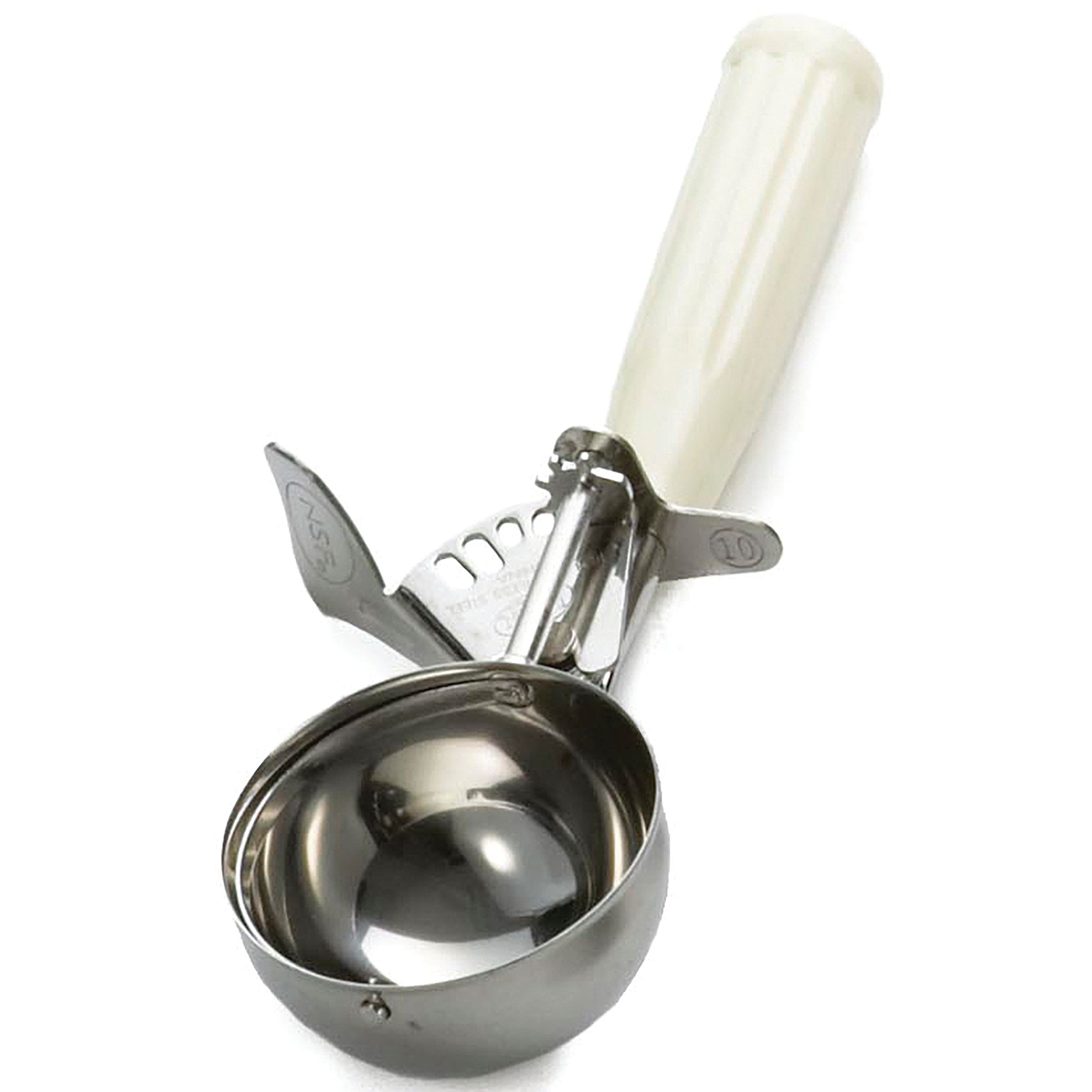 Tablecraft 18/8 Stainless Steel Ivory Size 10 Thumb Press Ice Cream Food Disher With Polyethylene Handle, 3 3/8 Ounce Capacity