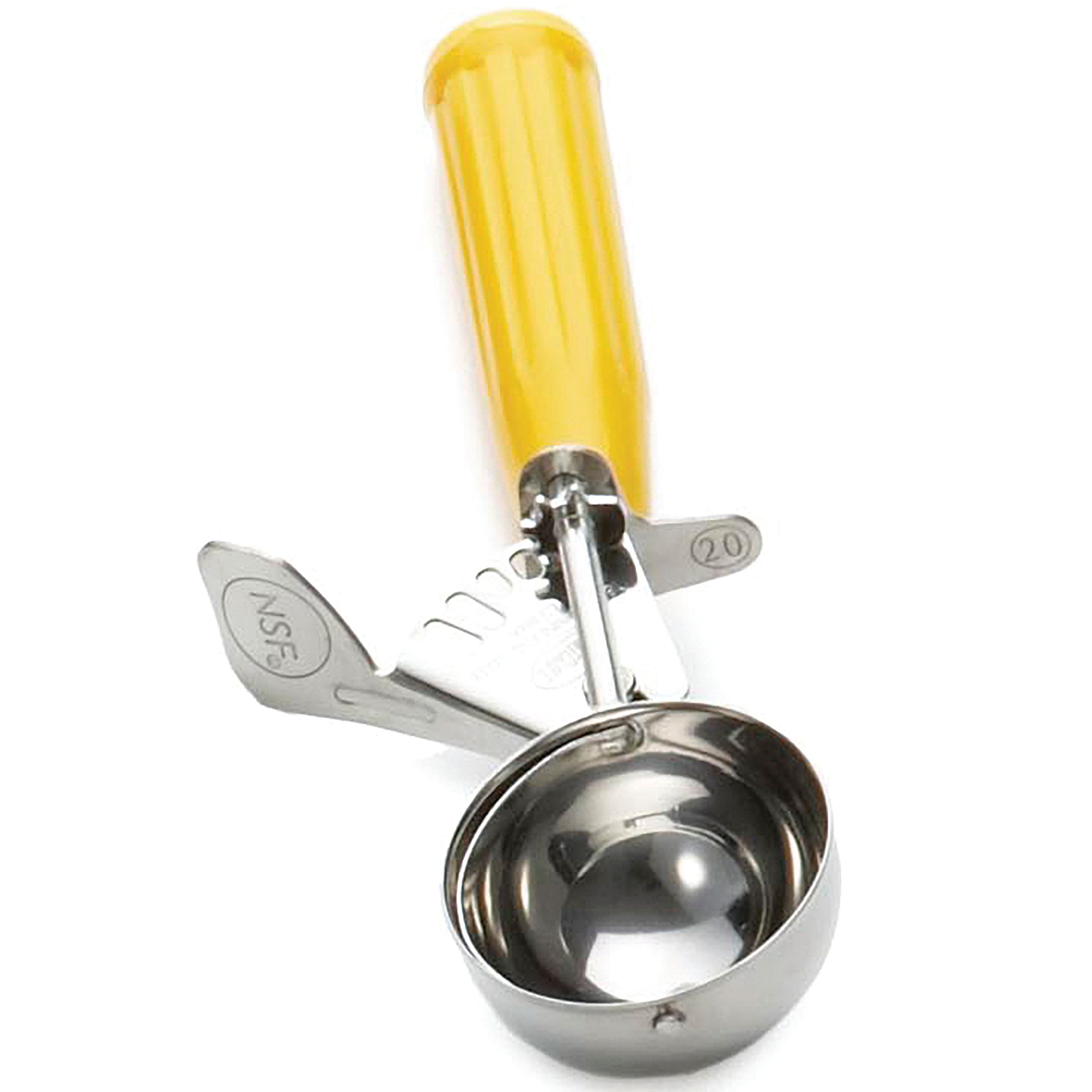 Tablecraft 18/8 Stainless Steel Yellow Size 20 Thumb Press Ice Cream Food Disher With Polyethylene Handle, 2 Ounce Capacity
