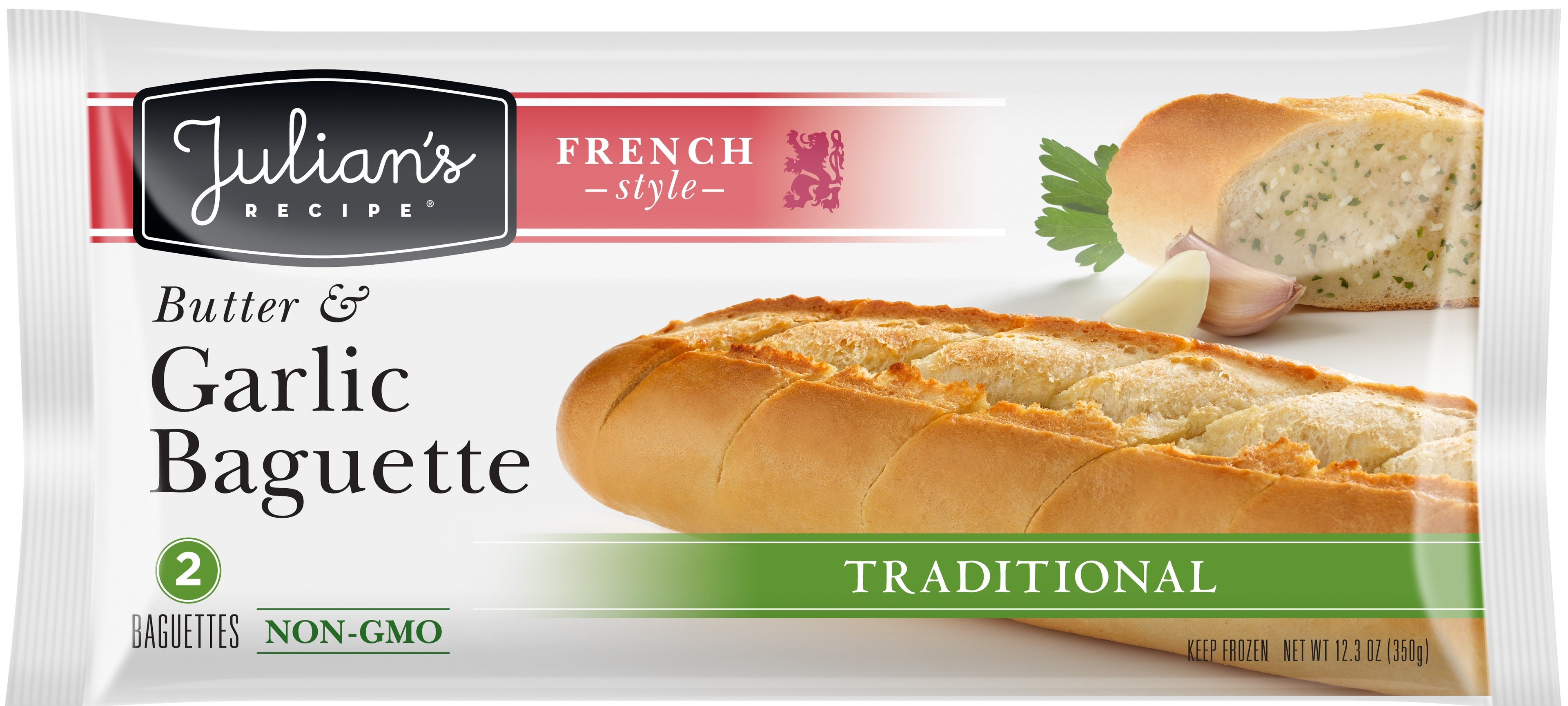 Julians Butter and Garlic Traditional Baguette, 12.35 Ounce -- 12 per case.