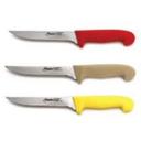 Tan Alegacy Stainless Steel Boning Knife with Red Handle, 6 inch Blade Length.