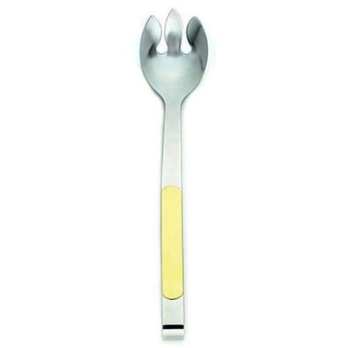 Alegacy Orbit Stainless Steel Notched Salad Spoon - Gold Trim Handle, 11 7/8 inch.