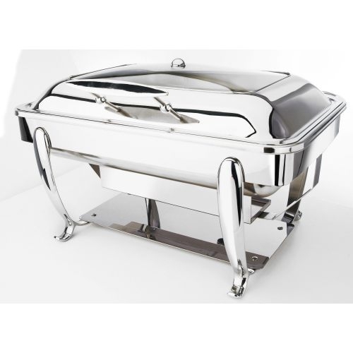 Eastern Tabletop Park Avenue Stainless Steel Rectangular Induction Chafing Dish with Hinged Glass Dome Cover and Stand, 8 Quart.