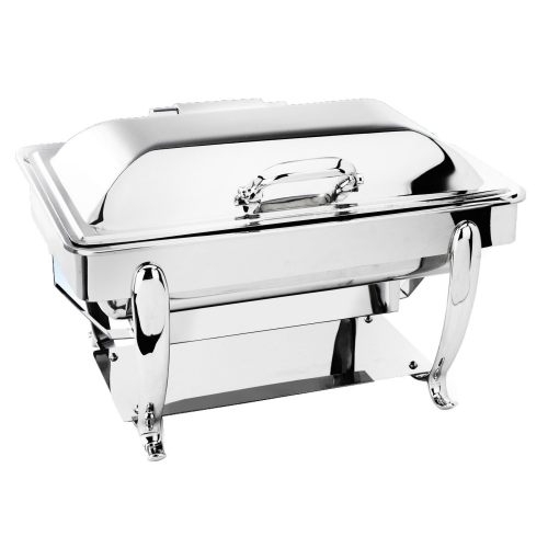Eastern Tabletop Park Avenue Stainless Steel Rectangular Induction Chafing Dish with Hinged Dome Cover and Stand, 8 Quart.