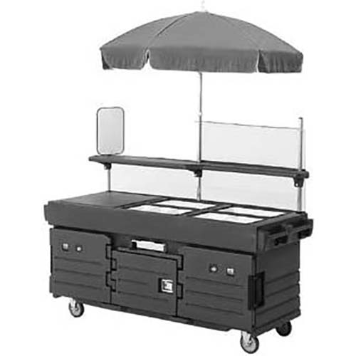 Cambro Hot Red CamKiosk Cart with 4 Countertop Food Pan Wells, 85 1/8 x 94 x 33 1/2 inch.