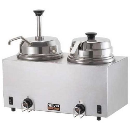 Server Stainless Steel Fudge Server - 2 Hot Topping Warmer with Pump and Ladle, 1000 Watt.