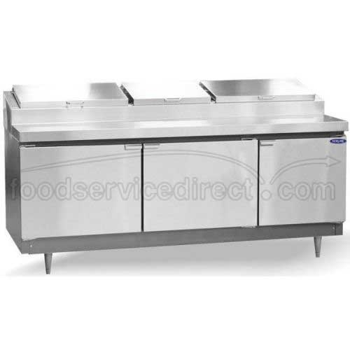 Norlake Standard Three Stainless Steel Door Refrigerated Food Preparation Table, 43 1/2 x 83 3/4 x 35 inch.