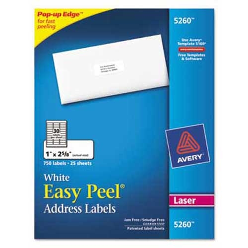 Avery Easy Peel Laser Address Labels, 1 x 2 5/8, White, 750/Pack