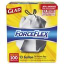 Glad ForceFlex Tall Kitchen Drawstring Bags, 13 gal, .90mil, 24x25 1/8 White 100/Bx
