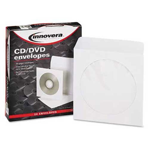 Innovera CD/DVD Envelopes, Clear Window, White, 50/Box