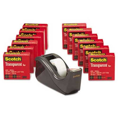 Scotch Transparent Tape Dispenser Value Pack, 1 inch Core, Black, 12/Pack