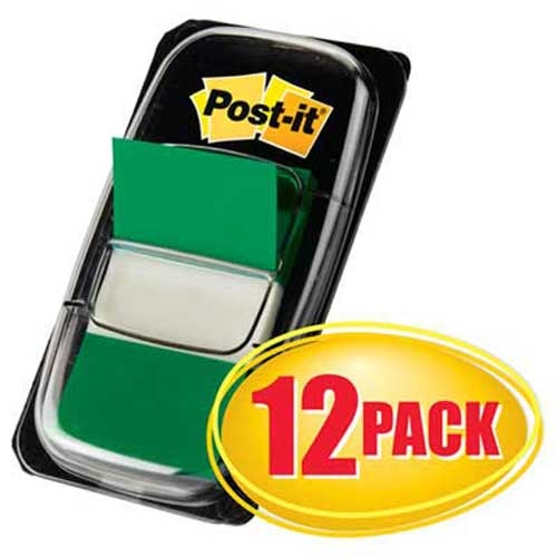 Post-it Flags Marking Page Flags in Dispensers, Green, 50 Flags/Dispenser, 12 Dispensers/Pack