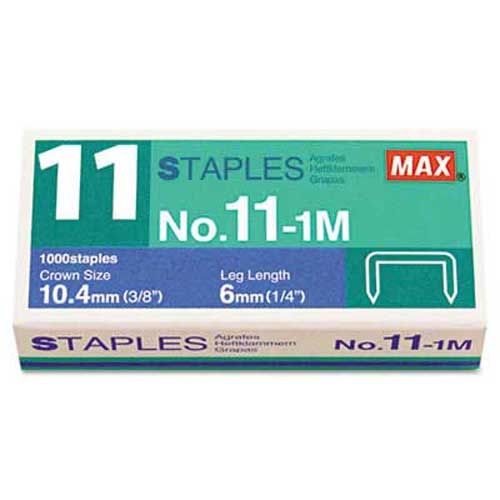 Max No. 11 Mini Staples for HD-11FLK, 1/4 inch Leg, 3/8 inchCrown Flat Clinch, 1,000/Box