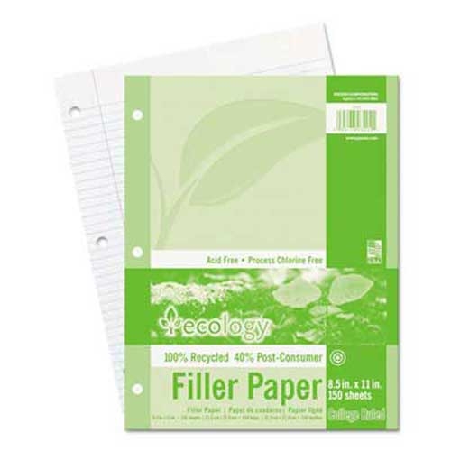 Pacon Ecology Filler Paper, 8-1/2 x 11, College Ruled, 3-Hole Punch, WE, 150 Sheets/PK
