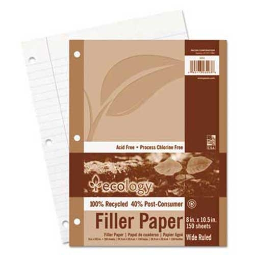 Pacon Ecology Filler Paper, 8 x 10-1/2, Wide Ruled, 3-Hole Punch, White, 150 Sheets/PK