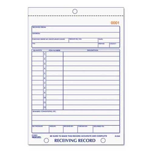 Rediform Receiving Record Book, 5 1/2 x 7 7/8, Three-Part Carbonless, 50 Sets/Book