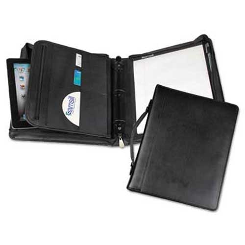 Samsill Leather Multi-Ring Zippered Portfolio, Two-Part, 1 inch Cap, 11 x 13-1/2, Black