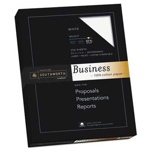 Southworth 100% Cotton Business Paper, White, 32 lbs., 8-1/2 x 11, 250/Box