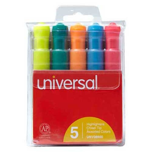 Universal Desk Highlighter, Chisel Tip, Fluorescent Colors, 5/Set
