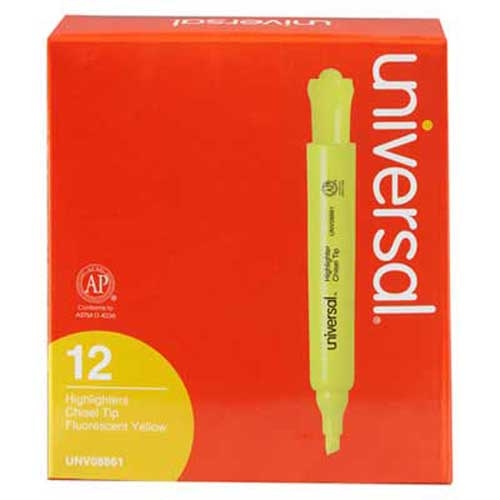 Universal Desk Highlighter, Chisel Tip, Fluorescent Yellow, 12/Pk