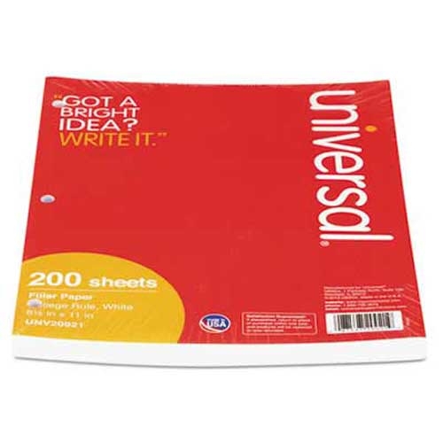 Universal Mediumweight 16-lb. Filler Paper, 11 x 8-1/2, College Ruled, White, 200 Shts/Pk