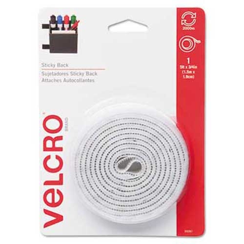 Velcro Sticky-Back Hook and Loop Fastener Tape with Dispenser, 3/4 x 5 ft. Roll, White