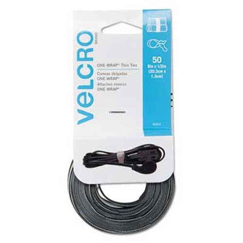 Velcro Reusable Self-Gripping Ties, 1/2 x Eight Inches, Black/Gray, 50 Ties/Pack