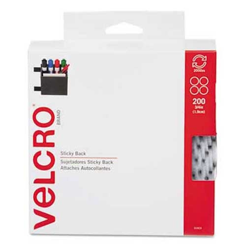Velcro Sticky-Back® Fasteners, 3/4 inch dia. Coins, White, 200/BX
