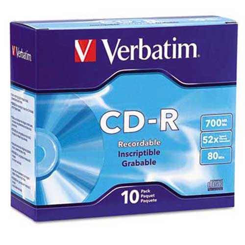 Verbatim CD-R Discs, 700MB/80min, 52x, w/Slim Jewel Cases, Silver, 10/Pack