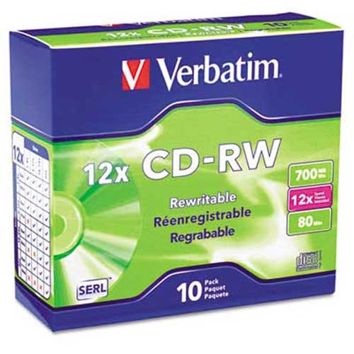 Verbatim CD-RW Discs, 700MB/80min, 12x, w/Slim Jewel Cases, Silver, 10/Pack