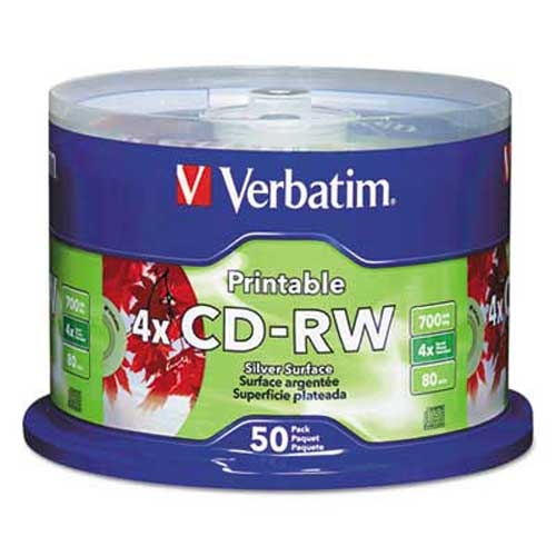 Verbatim CD-RW Discs, Printable, 700MB/80min, 4x, Spindle, Silver, 50/Pack