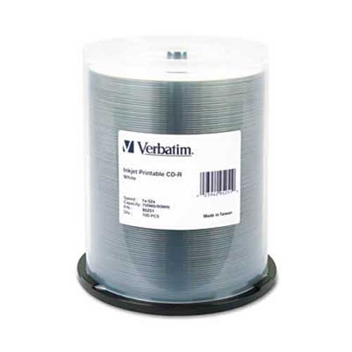 Verbatim CD-R, 52x, 700MB, Inkjet Printable, White, 100/Pack