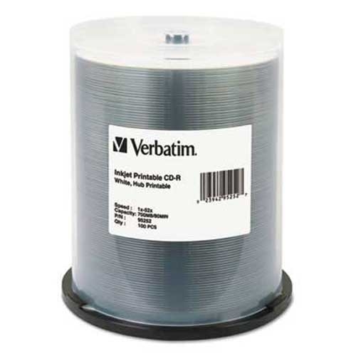 Verbatim Hub IJ Printable CD-R Discs, 700MB/80min, 52x, Spindle, White, 100/Pack