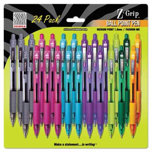 Zebra Z-Grip Retractable Ballpoint Pen, Assorted Ink, Medium Point, 24/Pack