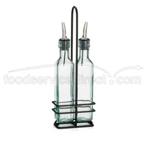 Tablecraft Prima Collection 8.5 Ounce Green Tinted Glass Oil And Vinegar Bottle With Black Powder Coated Metal Rack, 4.375 X 2.375 X 12.5 Inch -- 6 Per Case