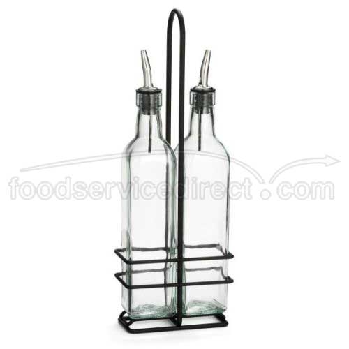 Tablecraft Prima Collection 16 Ounce Green Tinted Glass Pourer Bottles With Black Powder Coated Metal Rack, 5.125 X 2.75 X 15 Inch -- 6 Per Case