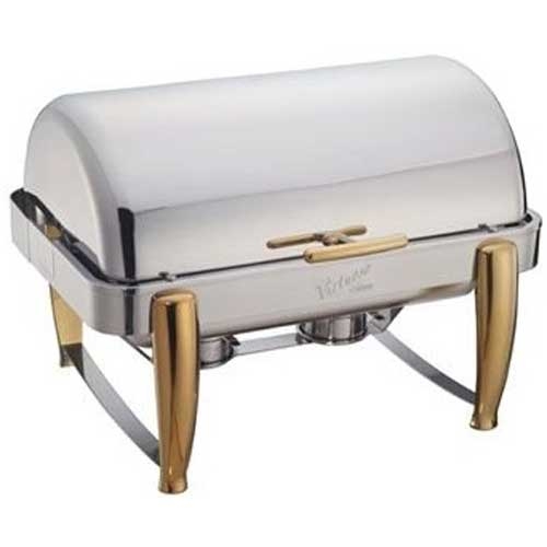 Winco Virtuoso Extra Heavyweight Stainless Steel Gold Accent Roll Top Full Size Chafer, 8 Quart.