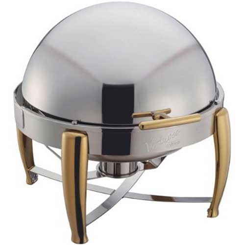 Winco Virtuoso Extra Heavyweight Stainless Steel Round Gold Accent Roll Top Chafer, 6 Quart.