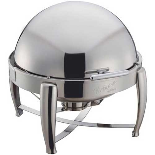 Winco Virtuoso Extra Heavyweight Stainless Steel Round Roll Top Chafer, 6 Quart.