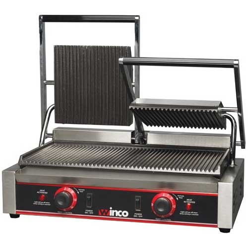 Winco Ribbed Plate Double Panini Grill, 9 inch.