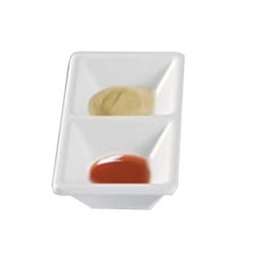 Yanco Rome Melamine Rectangular White 2 Compartment Dessert Dish, 5 1/8 x 2 1/2 inch -- 48 per case.