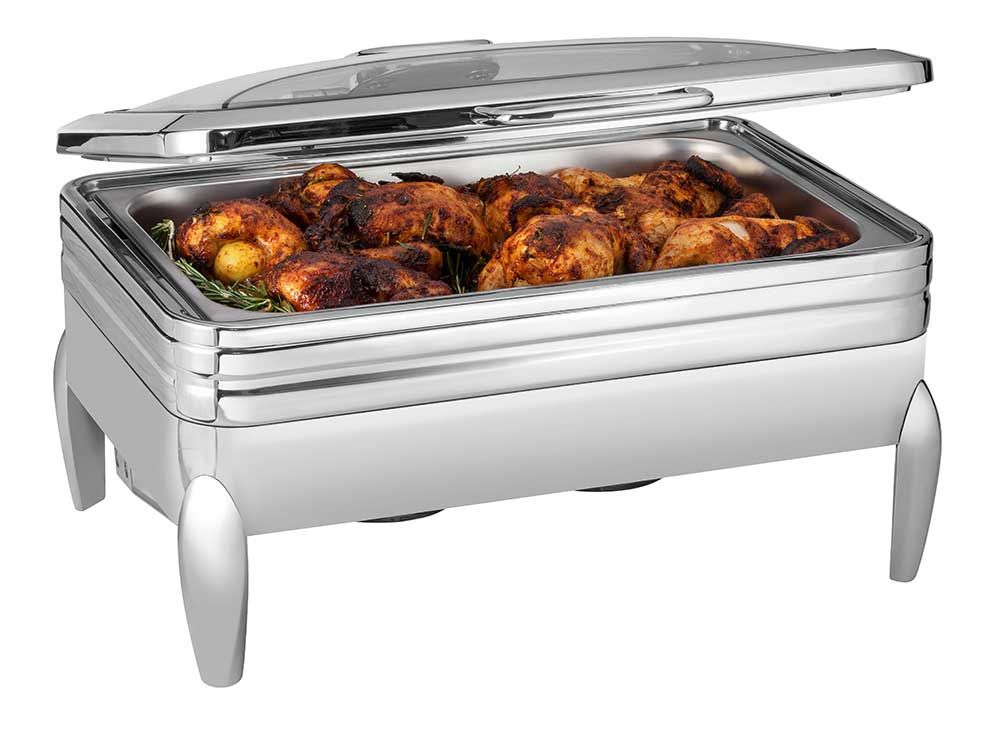 Rosseto De Luxe Stainless Steel Rectangle Chafing Dish With Glass Lid Frame Burner Holder And Induction Option, 9.51 Quart