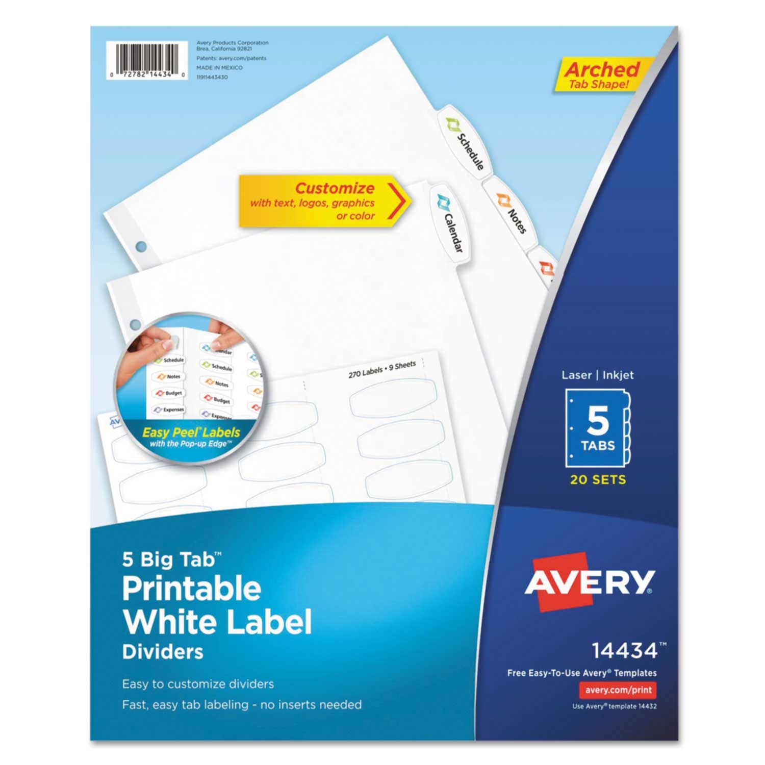 Avery Big Tab 5-Tab White Paper Printable Label Dividers, 8 1/2 x 11 inch -- 20 per case