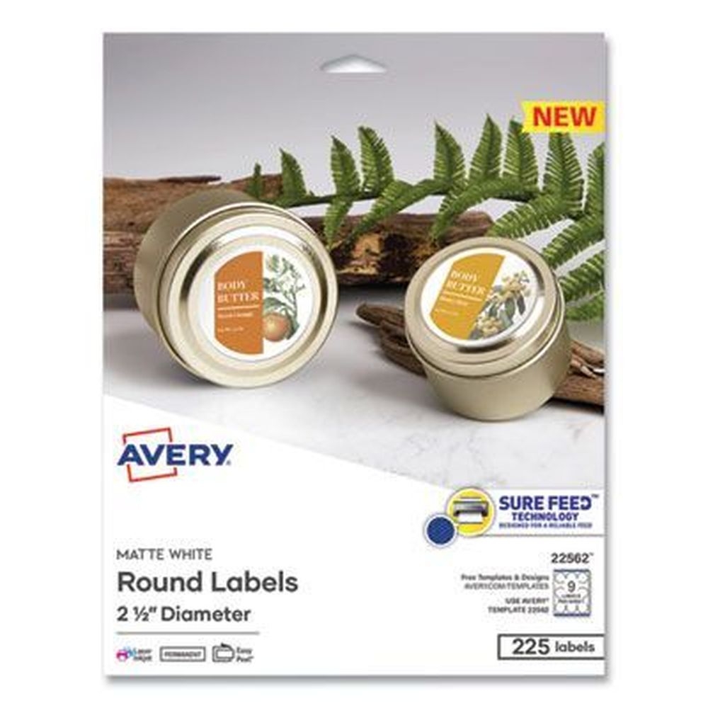 Avery Matte White Laser/Inkjet Media Printer Label, 2.5 inch Dia - 9 per sheet -- 25 sheets per pack