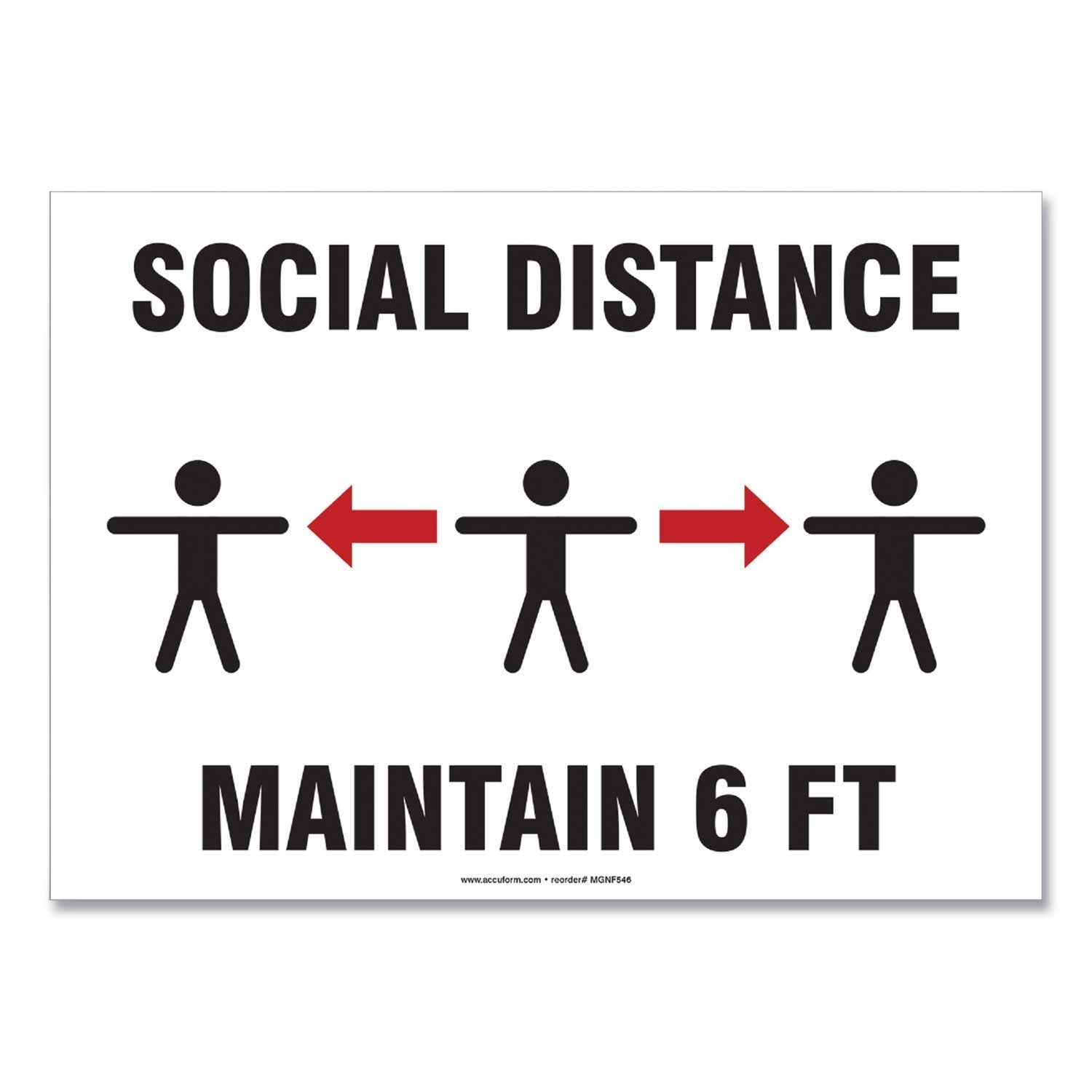 Accuform White Social Distance Maintain 6 Feet 3 Humans/Arrows Wall Sign, 10 x 7 inch - 10 per pack -- 1 pack